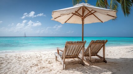 Obraz premium Tropical Beach Relaxation With Wooden Chairs And Umbrella