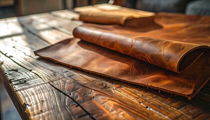 Brown leather hides on rustic wooden table