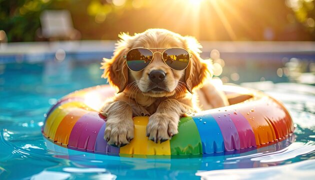 Cute Golden Retriever puppy with sunglasses relaxing on a colorful inflatable ring in a swimming pool, enjoying a sunny summer holiday