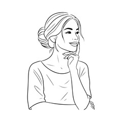 A beautiful woman with a gentle smile and hair in a bun. A simple line art drawing capturing a moment of thought. Minimalist portrait for beauty or wellness concepts.