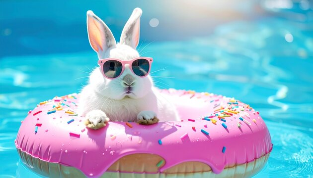 Funny bunny wearing stylish pink sunglasses floating on an inflatable donut ring in a bright blue swimming pool