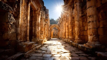 A sunlit ancient colonnaded passageway, lined with weathered stone columns and paving stones, creates a serene and historic scene.