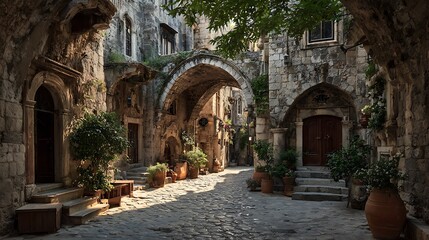 Enchanting cobblestone alleyway lined with whimsical stone buildings and lush greenery