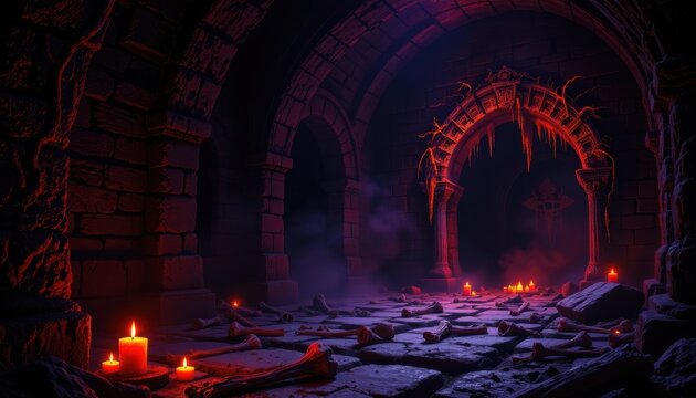 dark crypt inside castle, black walls, purple shadows, orange candlelight flickering, twisted bones scattered, cinematic halloween horror scene, spooky atmosphere.