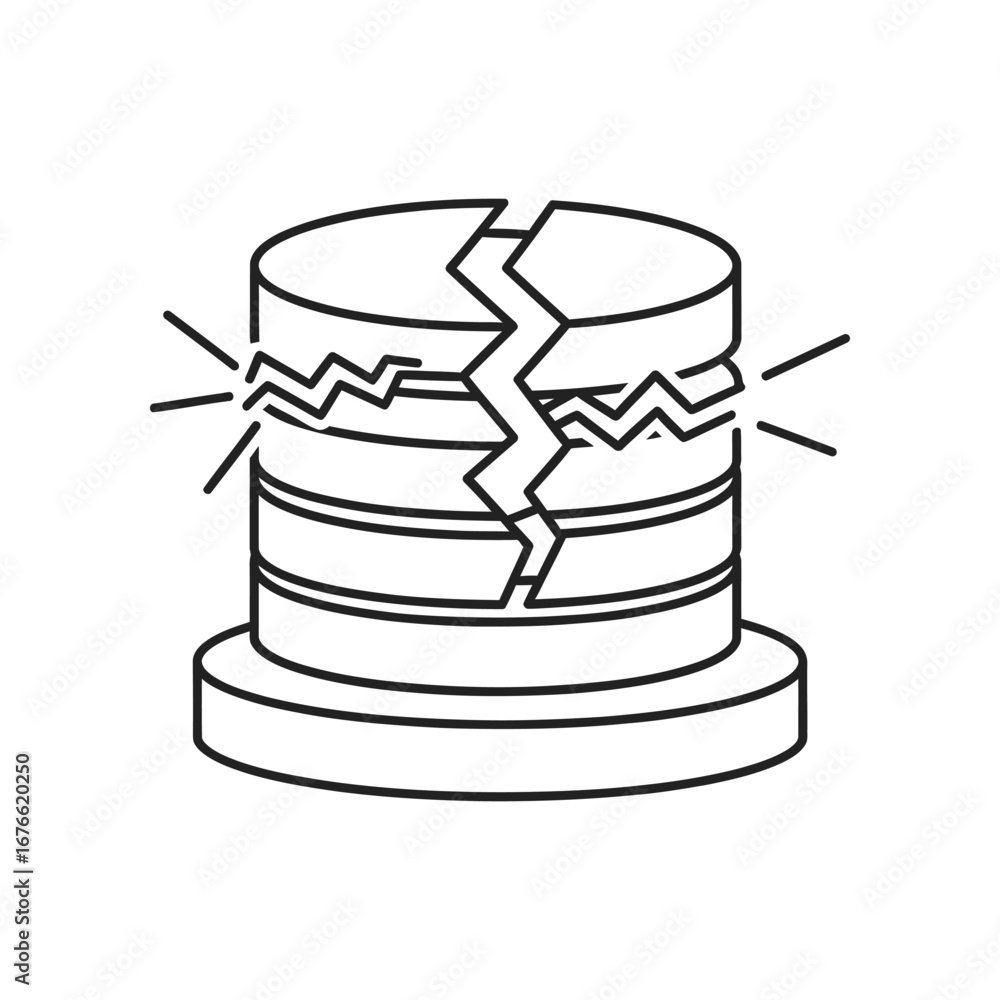 Poster server crash: a digital server, depicted in a stark graphic, is split with cracks in its structure, 