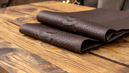 Brown leather rolls on wooden table