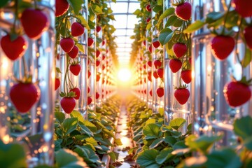 hyper realistic strawberries growing in vertical hydroponic towers with nutrient water flowing illuminated with soft golden sunlight digital art vibrant colors futuristic farming concept
