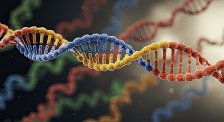 Vibrant, colorful DNA strands intertwine, representing the intricate blueprint of life and the exciting possibilities of genetic research and biotechnology innovation