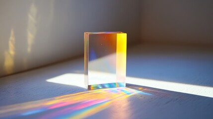 Close-up of glowing prism refracting sunlight into vibrant color bands on minimalist white surface, symbolizing wireless frequency allocation and spectrum analysis.
