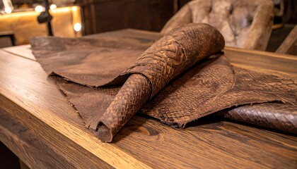 Brown leather sheets on a wooden table