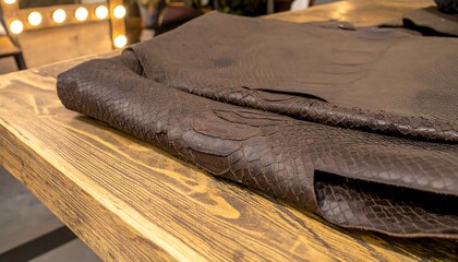 Brown leather sheets on wooden table