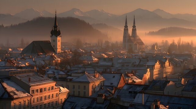 A breathtaking winter cityscape, featuring snow-covered rooftops and historic churches bathed in the golden hues of sunrise, reveals a quaint European town nestled amidst misty mountains.