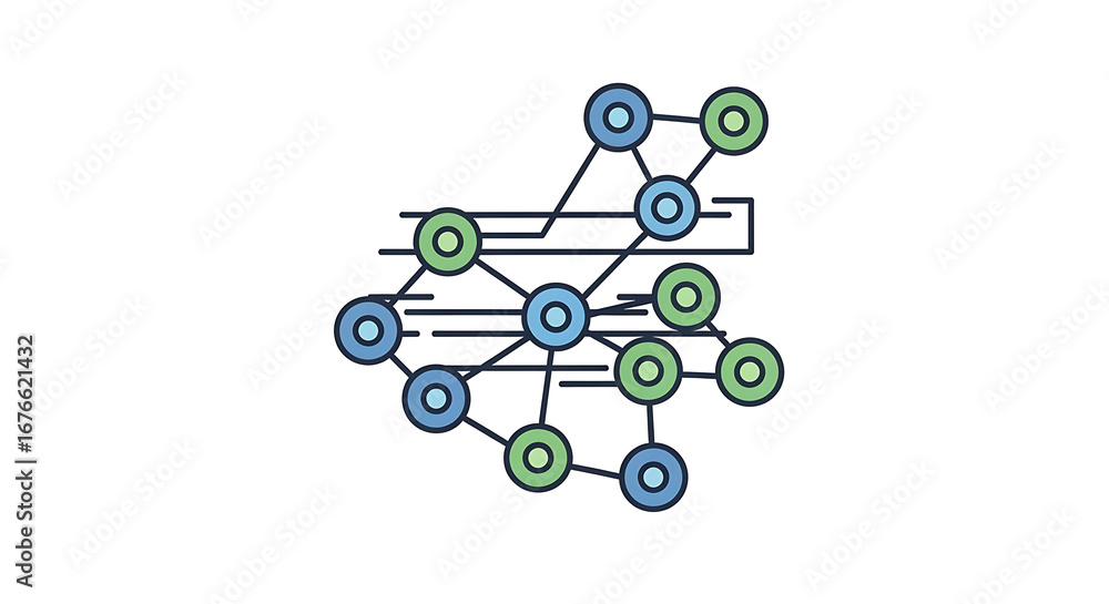 Poster Illustration of a network of interconnected circles with lines and horizontal bars on white