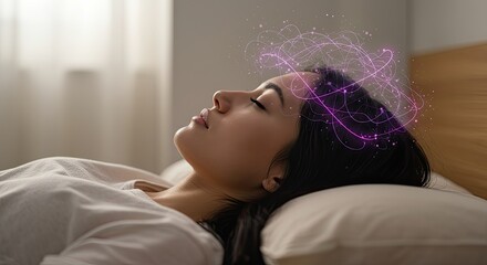 Young woman sleeping peacefully with illuminated abstract neural network glowing above her head representing dreams, thoughts or creativity