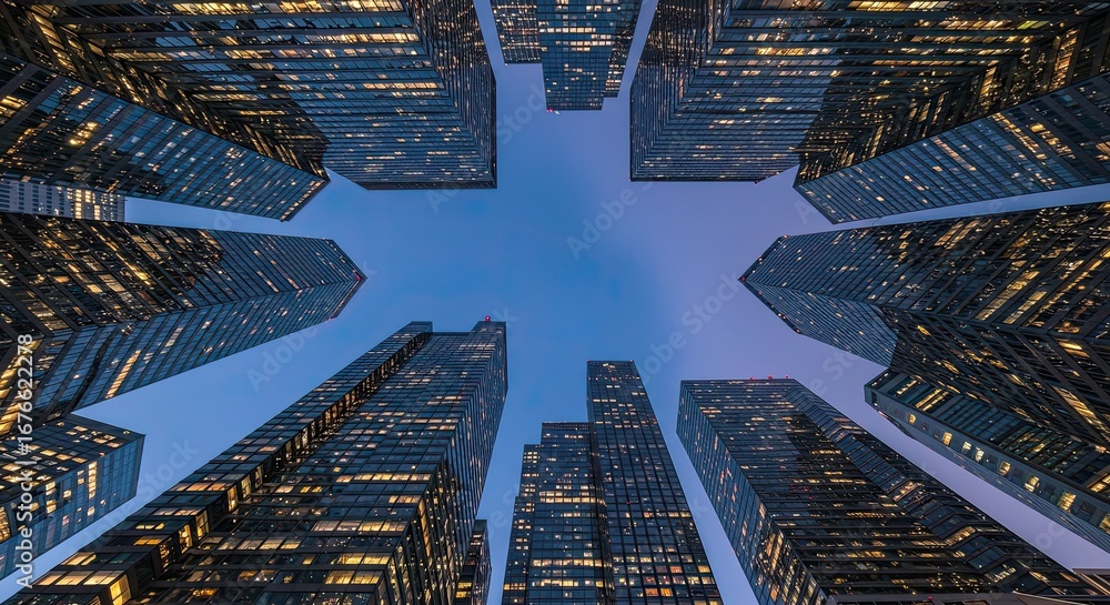 Poster captivating low-angle view of illuminated skyscrapers piercing a twilight sky, creating a powerful u