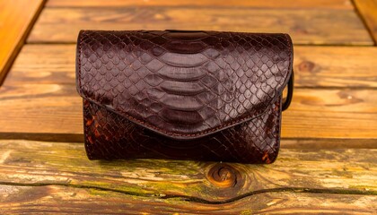 Brown snake skin handbag on wood