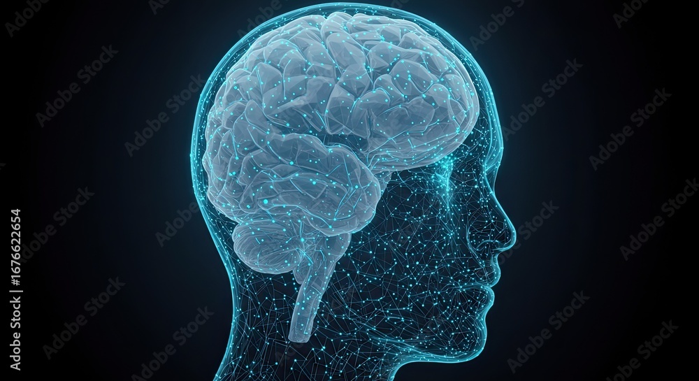 Poster captivating digital rendering of a human brain within a glowing neural network outline, symbolizing 