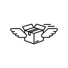 Swift Package Delivery: A modern icon of a cardboard box, adorned with wings, elegantly embodies speed and efficiency, symbolizing swift and reliable delivery services. 