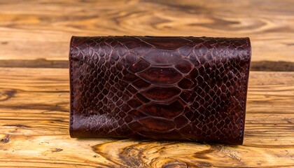 Brown snake skin wallet on wooden table