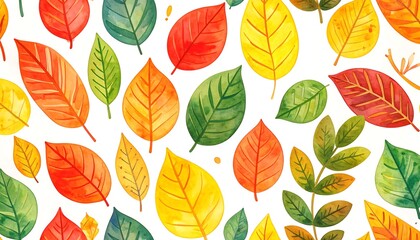 Obraz premium Colorful autumn leaves in various shapes and sizes scattered on a white background