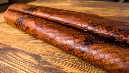 Brown snakeskin leather rolls on a wooden table