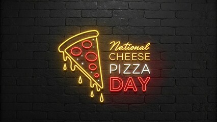 Glowing neon sign illustration of dripping golden cheese pizza artwork.
