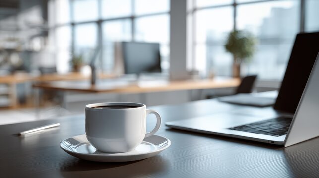 A cozy workspace featuring a coffee cup, laptop, and modern office decor, perfect for productivity and focus.