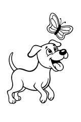 Joyful puppy chasing a butterfly outdoors in a whimsical line drawing