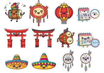 Fototapeta premium Charming Cartoon Cultural Icons: Lanterns Sombreros and Dreamcatchers.