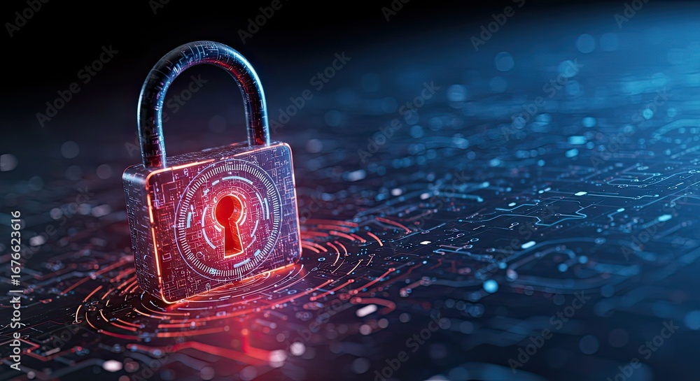 Poster secure your digital world with this futuristic glowing padlock symbolizing advanced cybersecurity, d