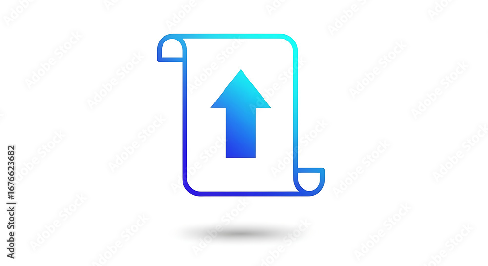 Poster a blue gradient upload icon on a white background with a scroll shape and a subtle shadow effect bel
