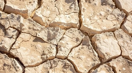 Fototapeta premium Dry cracked earth texture with deep fissures showing geological layers, drought and climate change concept, arid landscape and global warming effects. 