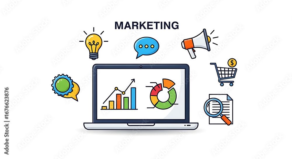 Poster marketing concept with laptop showing charts and graphs surrounded by related icons on white backgro