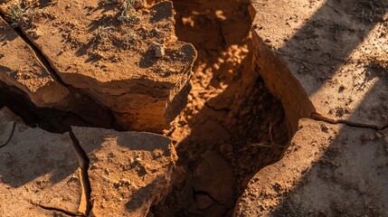 Fototapeta premium Dry cracked earth texture with deep fissures showing geological layers, drought and climate change concept, arid landscape and global warming effects. 