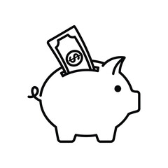 Piggy Bank of Financial Security: A minimalist black and white illustration of a classic piggy bank, symbolizing the enduring principles of savings, fiscal responsibility.