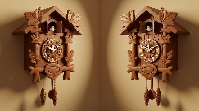 Two beautiful traditional wooden cuckoo clocks on a warm wall