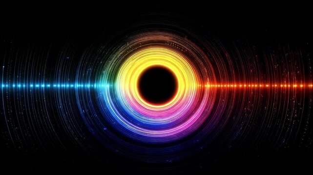 Neon rainbow data tunnel with concentric glowing rings and scrolling code