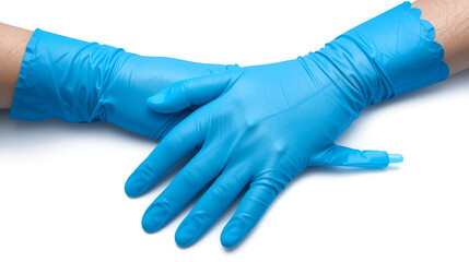 Medical examination gloves, spread out and laid flat isolated on solid white background in Png format