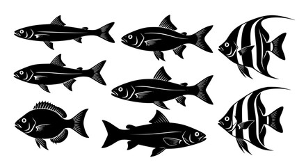 Vector art of collection of various fish species in black and white for POD