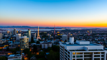 2018, JAN 3 Auckland, New Zealand, Beautiful landcape of the building in Auckland city at dawn. View from Cyril Bassett VC Lookout.
