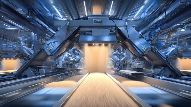 Massive grain sorting and packaging machines operating in an agricultural processing plant.