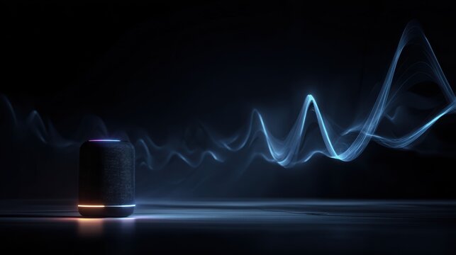 A modern smart speaker emits vibrant sound waves in a dark environment, highlighting the fusion of technology and sound.