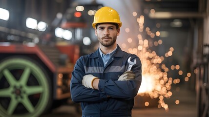 Confident Industrial Worker with Safety Helmet Holding Wrench in Factory Workshop