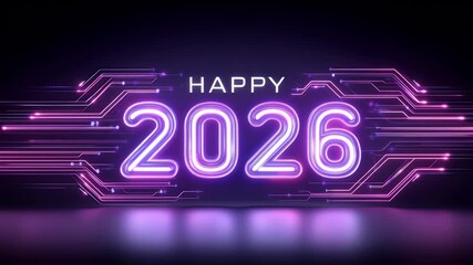 bright purple neon Happy 2026 transparent circuit lines - Powered by Adobe