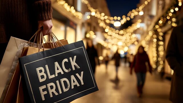 person holding shopping bags with Black Friday logo, glowing storefronts and night lights