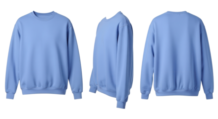 Set of blue sweatshirt mockups from different angles isolated PNG with Transparent Background