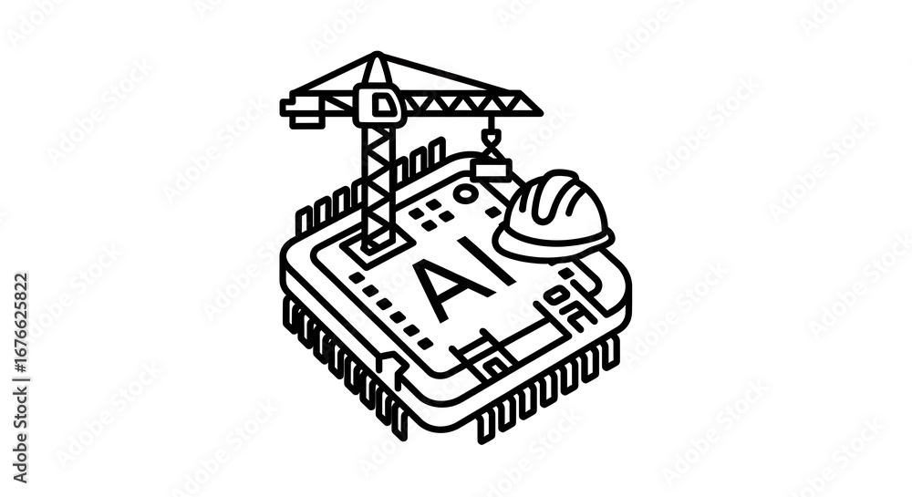 Aufkleber a line drawing of a cpu with ai on it and a construction crane and a hard hat on a white background
