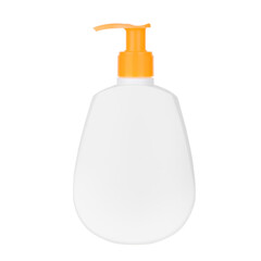 White plastic bottle with orange dispenser and liquid hand soap on isolated white background