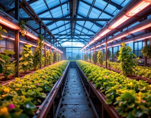 Obraz premium futuristic hydroponic greenhouse pathogen monitoring sterile water iot glowing crops pest prevention cinematic agriculture sci fi painting eco friendly farming modern detailed futuristic digital green