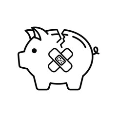 Broken Piggy Bank with Bandage: A stark black and white outline of a piggy bank, cracked and mended with a bandage, symbolizing financial struggles.